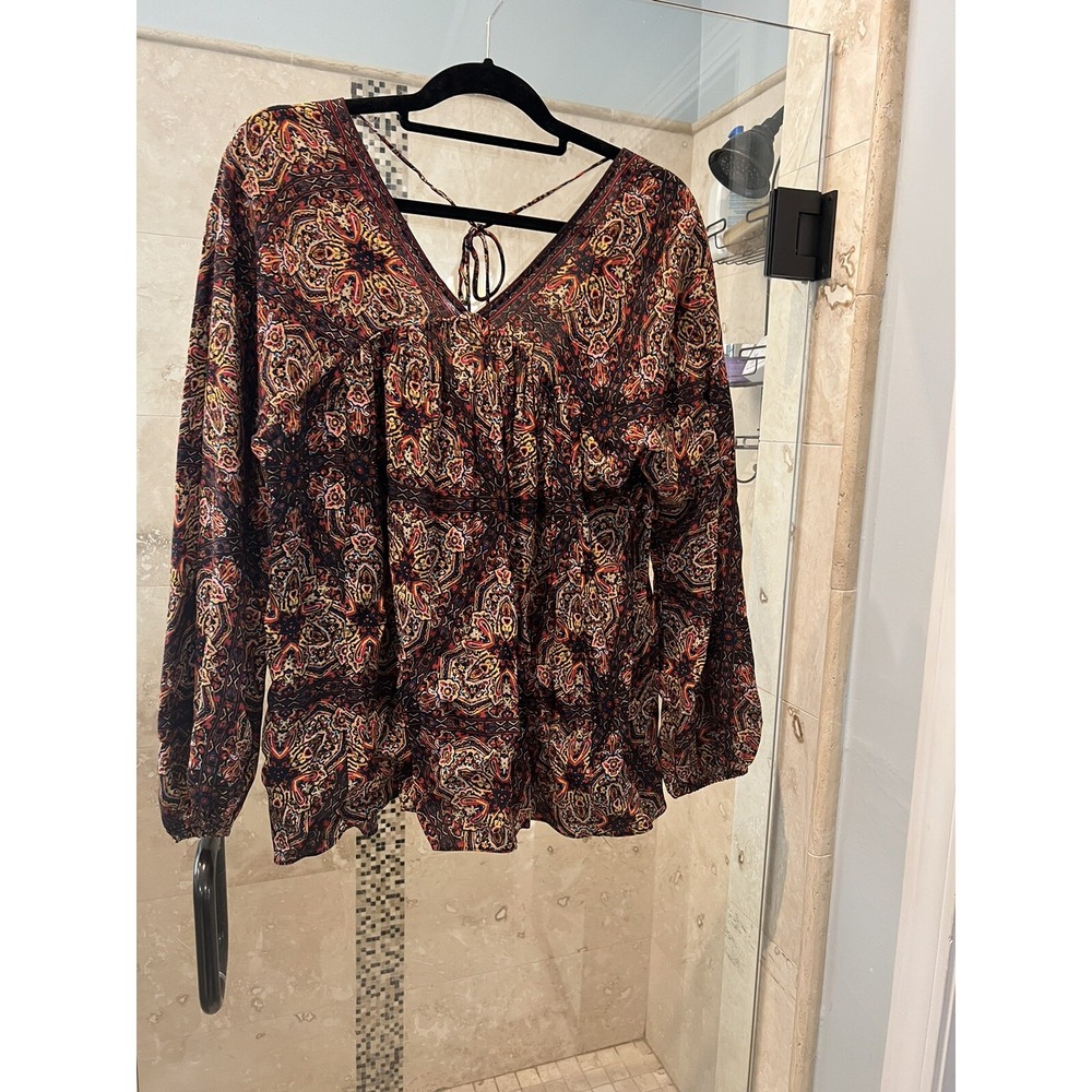 Plenty by Tracy Reese Orange Red Paisley Print V Neck Open Back Blouse Size M